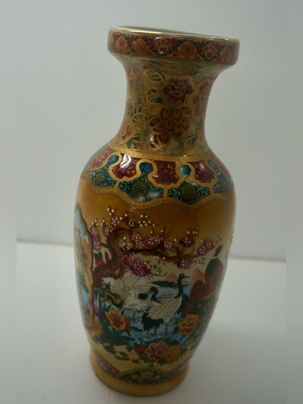 Vintage Late-20th Century Satsuma Style Porcelain Crane Vase